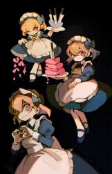 1other 2025 ;) alternate_costume apron black_background black_bow black_dress black_shoes bow chara_(undertale) chromatic_aberration closed_mouth collared_dress commentary_request crossed_legs curtsey double-parted_bangs dress enmaided film_grain frilled_apron frills full_body gold_necklace hair_between_eyes headdress heart heart_hands heart_necklace highres holding holding_plate jewelry juliet_sleeves knife long_sleeves looking_at_viewer maid maid_apron maid_headdress mary_janes medium_dress multiple_views necklace noppo_(nopon) one_eye_closed other_focus pink_eyes plate puffy_sleeves shoes short_hair simple_background skirt_hold smile twitter_username undertale upper_body white_apron white_headdress wide-eyed