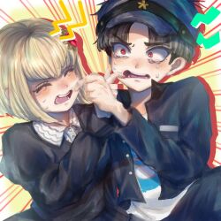 1boy 1girl black_hair black_shirt blonde_hair blue_hat blue_jacket bob_cut closed_eyes crying crying_with_eyes_open hat jacket long_sleeves maruko_gaku oosuzuki_kurara open_mouth parted_bangs parted_hair red_background red_eyes shirt tears teeth the_hundred_line_-last_defense_academy- tongue white_background white_shirt yellow_background