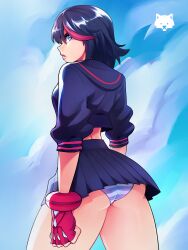 Rule 34 | 1girl, absurdres, ass, black hair, black sailor collar, black shirt, black skirt, blue background, blue eyes, closed mouth, commentary, english commentary, fingerless gloves, from behind, gloves, highres, josephwolf, kill la kill, lips, looking back, matoi ryuuko, multicolored hair, panties, pleated skirt, purple panties, red eyes, red gloves, red hair, sailor collar, school uniform, serafuku, shirt, short hair, skirt, solo, striped clothes, striped panties, two-tone hair, underwear, white panties