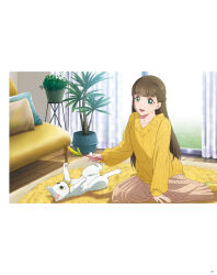1girl aran_sweater artbook brown_hair cable_knit cat cat_teaser couch curtains green_eyes highres indoors long_hair long_sleeves love_live! love_live!_superstar!! non-web_source official_art open_mouth pillow plant potted_plant sakurakoji_kinako sitting skirt smile solo sweater white_cat yellow_sweater