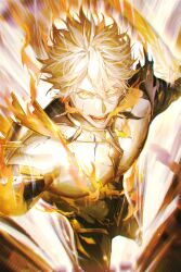 1boy absurdres alternate_form bare_pectorals black_shirt blonde_hair commentary_request cracked_skin fire hair_between_eyes halo halo_behind_head highres honkai:_star_rail honkai_(series) looking_at_viewer male_focus material_growth matuka10101 open_mouth pectorals phainon_(honkai:_star_rail) shirt short_hair solo torn_clothes torn_shirt yellow_blood yellow_eyes