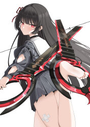 1girl absurdres arm_cutout bare_legs black_choker black_hair black_shirt black_skirt blush bright_pupils chisa_(wuthering_waves) choker closed_mouth commentary feet from_behind hair_ribbon highres jinmuxi_(user_pvha4443) legs long_hair long_sleeves looking_at_viewer looking_back red_eyes red_ribbon ribbon sailor_collar shirt simple_background skirt soles solo toes white_background white_pupils white_sailor_collar wuthering_waves
