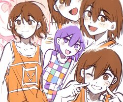 Rule 34 | + +, 2boys, bailan1130, blush, bright pupils, brown eyes, brown hair, closed mouth, clothes lift, collarbone, dual persona, grin, highres, kel (faraway) (omori), kel (headspace) (omori), kel (omori), looking at viewer, lower teeth only, male focus, multiple boys, omori, one eye closed, open mouth, purple eyes, purple hair, shirt lift, short hair, sketch, smile, teeth, white pupils