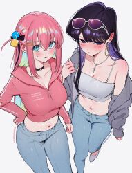2girls aqua_eyes artist_name averting_eyes black_choker blue_pants blush bocchi_the_rock! breasts camisole choker cleavage collarbone commentary crop_top crossover denim ear_blush earrings eyewear_on_head gotoh_hitori grey_jacket hair_between_eyes hair_ornament hand_on_own_hip heart heart_choker highres hood hoodie hoop_earrings jacket jeans jewelry komi-san_wa_komyushou_desu komi_shouko large_breasts long_hair long_sleeves looking_at_viewer midriff multiple_girls navel necklace o-ring o-ring_choker pants parted_lips patreon_username pink_hair pink_hoodie purple_eyes purple_hair qiandaiyiyu sidelocks simple_background single_off_shoulder sunglasses white-framed_eyewear white_background white_camisole