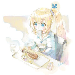 1girl blonde_hair blue_eyes bowl chair chopsticks closed_mouth cup double-parted_bangs fish_(food) food fur_jacket hair_ornament hair_scrunchie holding holding_bowl holding_chopsticks jacket kei_(keigarou) long_hair long_sleeves mirai_akari mirai_akari_project on_chair ponytail rice rice_bowl scrunchie sitting smile solo steam table virtual_youtuber white_jacket white_scrunchie