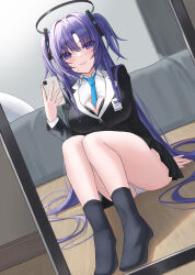 1girl ankle_socks bare_legs bed between_breasts black_bra black_jacket blue_archive blue_necktie blush bra bra_peek breasts cleavage commentary_request dutch_angle halo highres jacket knees_up legs long_hair long_sleeves mechanical_halo melt_(melt_out1) millennium_science_school_logo mirror mirror_selfie necktie necktie_between_breasts no_shoes on_floor panties partially_unbuttoned purple_eyes purple_hair sitting smile socks solo thighs two_side_up underwear yuuka_(blue_archive)