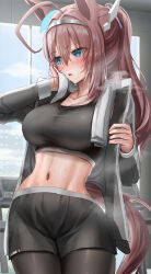 Rule 34 | 1girl, absurdres, ahoge, animal ears, black jacket, black leggings, black shorts, black sports bra, blue eyes, blush, breasts, brown hair, brown tail, commentary request, ear ornament, grey hairband, gym shorts, hair between eyes, hair intakes, hair ornament, hairband, highres, horse ears, horse girl, horse tail, jacket, large breasts, leggings, leggings under shorts, long hair, mihono bourbon (umamusume), navel, ooeyama, open mouth, ponytail, shorts, silver hairband, solo, sports bra, stomach, sweat, tail, towel, towel around neck, umamusume, wiping face, wiping sweat