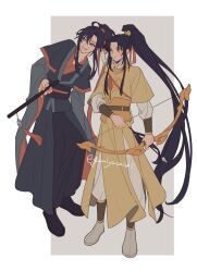 2boys ahoge arrow_(projectile) black_boots black_hair black_hanfu boots bow_(weapon) chinese_clothes flute full_body gumiyasaisai hair_ribbon hanfu high_ponytail holding holding_bow_(weapon) holding_flute holding_instrument holding_weapon instrument jin_ling long_hair long_sleeves male_focus modao_zushi multiple_boys pants ponytail purple_eyes red_ribbon ribbon ribboned_xiao_guan sidelocks simple_background smile standing tassel twitter_username very_long_hair weapon wei_wuxian white_boots xiao_guan_(headdress) yellow_eyes yellow_hanfu