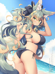 1girl animal_ears beach bikini black_bikini blue_sky breasts cloud commentary_request day green_hair kuromiya kuromiya_raika_(kuromiya) large_breasts long_hair looking_at_viewer multicolored_hair ocean orange_hair original outdoors sky solo swimsuit two-tone_hair
