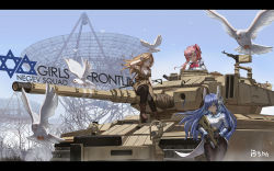 Rule 34 | 3girls, alcoholism (kitana-chan), assault rifle, bird, blue hair, brown hair, bullpup, copyright name, dove, english text, galil (girls&#039; frontline), girls&#039; frontline, gun, highres, imi galil, imi negev, iwi tavor, letterboxed, light machine gun, machine gun, military, military vehicle, motor vehicle, multiple girls, negev (girls&#039; frontline), pink hair, radio telescope, rifle, tank, tar-21 (girls&#039; frontline), tavor tar-21, weapon
