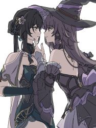 Rule 34 | 2girls, bare shoulders, blue dress, blue eyes, blue gloves, blue hair, brown hair, closed mouth, commentary, dress, elbow gloves, gloves, hashtag-only commentary, hat, herta (honkai: star rail), honkai: star rail, honkai (series), key, long hair, looking at another, multicolored hair, multiple girls, nekopon0326, parted lips, purple dress, purple eyes, purple hat, ruan mei (honkai: star rail), simple background, smile, streaked hair, the herta (honkai: star rail), white background, witch hat, yuri