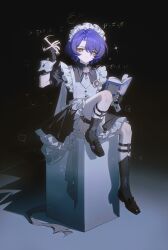 1boy absurdres aged_down alternate_costume aoma_(xuanzexuexi) apron artist_name black_background black_dress black_gloves black_shoes black_socks book buttons chinese_commentary closed_mouth collared_dress commentary_request crossdressing crossdressing_(mtf) dr._ratio_(honkai:_star_rail) dress enmaided equation eyeshadow fingerless_gloves frilled_apron frilled_dress frills frown gem gloves hair_between_eyes hand_up highres holding holding_book honkai:_star_rail honkai_(series) knee_up looking_at_viewer maid maid_apron maid_headdress makeup male_focus male_maid math multicolored_eyes necktie open_book parted_bangs puffy_short_sleeves puffy_sleeves purple_gemstone purple_hair red_eyes red_eyeshadow shadow shoes short_hair short_necktie short_sleeves signature simple_background sitting socks solo thigh_strap v-shaped_eyebrows white_apron white_necktie wing_collar wrist_cuffs yellow_eyes