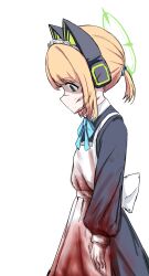 1girl absurdres animal_ear_headphones animal_ears apron aqua_bow aqua_ribbon arm_at_side back_bow black_dress blonde_hair blood blood_in_hair blood_on_clothes blood_on_face blood_on_hands bloody_clothes bloody_dress blue_archive bow cat_ear_headphones cat_ears closed_mouth collared_dress commentary contrast_collar darauk11 dress fake_animal_ears from_side green_eyes green_halo hair_bow halo headphones highres korean_commentary long_sleeves looking_down maid maid_apron maid_headdress midori_(blue_archive) midori_(maid)_(blue_archive) neck_ribbon official_alternate_costume ponytail profile puffy_long_sleeves puffy_sleeves ribbon short_hair short_ponytail sidelocks simple_background solo white_apron white_background white_bow white_headdress