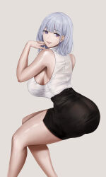 Rule 34 | 1girl, absurdres, alternate costume, ass, bare shoulders, black skirt, breasts, business suit, commentary, drinking straw, english commentary, feet out of frame, formal clothes, gcg, girls&#039; frontline, grey hair, highres, interlocked fingers, large breasts, light smile, looking at viewer, md5 mismatch, medium hair, miniskirt, office lady, open mouth, own hands together, parted lips, purple eyes, rpk-16 (girls&#039; frontline), shirt, shirt tucked in, sideboob, simple background, sitting, skirt, sleeveless, sleeveless shirt, solo, suit, thighs, white shirt