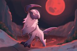 absol gen_3_pokemon highres moon night nintendo no_humans outdoors pokemon pokemon_(creature) red_moon signature solo squeegool white_fur