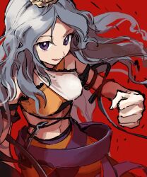 1girl chirizuka_ubame clenched_hand greyscale halterneck highres kaigen_1025 looking_at_viewer monochrome purple_eyes purple_ribbon red_background ribbon smile solo touhou