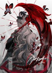 1girl antlers bug butterfly colored_skin deer_antlers deer_girl faust_(crrn) highres holding holding_scythe holding_weapon horns insect long_hair looking_at_viewer original red_eyes scythe solo very_long_hair wavy_hair weapon white_hair white_skin yiennekreil