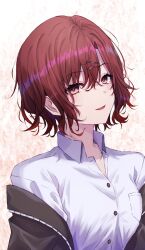 1girl black_jacket brown_hair commentary_request dande_cat dress_shirt highres higuchi_madoka idolmaster idolmaster_shiny_colors jacket jacket_partially_removed looking_at_viewer shirt short_hair smile solo upper_body white_shirt