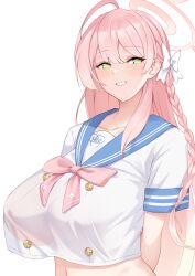 1girl absurdres ahoge arms_behind_back blue_archive blue_sailor_collar blush bow braid breasts crimecrime crop_top crop_top_overhang green_eyes hair_between_eyes hair_bow halo hanako_(blue_archive) highres huge_breasts long_hair parted_lips pink_halo sailor_collar school_uniform see-through_clothes serafuku short_sleeves side_braid simple_background solo upper_body very_long_hair white_background white_bow