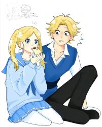 1boy 1girl 1other aged_up animal_ears antenna_hair bad_link black_pants blonde_hair blue_eyes blue_sailor_collar blue_skirt blue_sweater blue_sweater_vest boomer_(ppg) bubbles_(ppg) earrings highres jewelry long_hair looking_at_another nnby0702 on_ground pants pantyhose parted_bangs powerpuff_girls sailor_collar shirt short_hair side-by-side sitting skirt stud_earrings surprised sweater sweater_vest twintails white_background white_pantyhose white_shirt