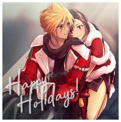 Rule 34 | 1boy, 1girl, arms around waist, bare legs, black hair, black scarf, blonde hair, blue eyes, blue skirt, blurry, blurry background, capelet, christmas, closed mouth, cloud strife, cloud strife (holiday outfit), commentary request, couple, final fantasy, final fantasy vii, final fantasy vii ever crisis, fur-trimmed capelet, fur-trimmed footwear, fur-trimmed jacket, fur-trimmed skirt, fur trim, happy holidays, head on another&#039;s back, hug, hug from behind, jacket, long hair, looking at another, looking back, minato (ct 777), miniskirt, motor vehicle, motorcycle, official alternate costume, on motorcycle, open clothes, open jacket, red capelet, red eyes, red jacket, red skirt, ribbed sweater, santa costume, scarf, short hair, side slit, sitting, skirt, smile, spiked hair, sweater, tifa lockhart, tifa lockhart (fairy of the holy flame), turtleneck, turtleneck sweater, twitter username, white sweater