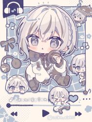 &gt;_&lt; 1girl :&lt; :3 :d blue_background blue_eyes blush_stickers borrowed_character bow bowtie brown_bow brown_bowtie brown_shoes brown_socks chibi chibi_only closed_eyes commentary commission full_body grey_hair grid_background headphones headphones_around_neck highres jacket kamizakana_iriko long_sleeves looking_at_viewer media_player_interface musical_note open_mouth original outline shoes short_hair sitting skeb_commission smile socks triangle_mouth twitter_username v-shaped_eyebrows white_jacket white_outline xd
