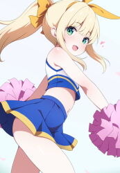 1girl baselard blue_skirt bow bow_hairband cheerleader crop_top frame_arms_girl green_eyes hair_bow hairband heart highres ko_pot-au-feu midriff open_mouth orange_bow orange_hairband pom_pom_(cheerleading) ponytail simple_background skirt solo thighs white_background