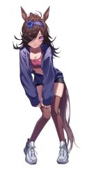 1girl absurdres animal_ears bike_shorts black_shorts blue_flower blue_rose breasts brown_hair brown_thighhighs cleavage collarbone commentary dressing flower flower_hairband full_body grey_shoes hair_intakes hair_over_one_eye hairband hashtag-only_commentary highres hood hood_down hooded_jacket horse_ears horse_girl horse_tail jacket leaning_forward long_hair long_sleeves medium_breasts navel one_eye_closed open_clothes open_jacket purple_eyes purple_hairband purple_jacket red_sports_bra rice_shower_(umamusume) rose shoes shorts simple_background sleeves_past_wrists sneakers solo sports_bra stomach tail thighhighs umamusume white_background woongbi