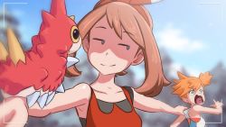 2girls absurdres blurry commentary creatures_(company) crying_aqua_(meme) english_commentary foreshortening game_freak gen_3_pokemon greatm8 highres jitome looking_at_another looking_back may_(pokemon) meme misty_(pokemon) multiple_girls nintendo outdoors photoshop_(medium) pokemon pokemon_(creature) pokemon_lgpe pokemon_oras shaded_face smirk source_filmmaker_(medium) upper_body viewfinder wurmple