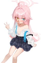 1girl absurdres ahoge alpha_beast black_skirt blue_archive blue_eyes blue_necktie blush breasts closed_mouth collared_shirt feet_out_of_frame hair_between_eyes halo heterochromia highres hoshino_(blue_archive) loli long_hair long_sleeves necktie pink_hair pink_halo pleated_skirt shirt simple_background sketch skirt small_breasts solo w white_background white_shirt wing_collar yellow_eyes