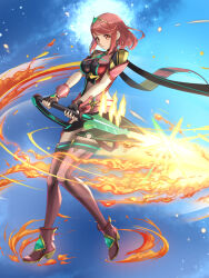Rule 34 | 1girl, blush, bob cut, breasts, chest jewel, chiga akira, commentary, earrings, fingerless gloves, fire, flaming sword, flaming weapon, floating hair, full body, gloves, high heels, highres, holding, holding sword, holding weapon, huge weapon, jewelry, looking at viewer, medium breasts, pyra (xenoblade), red eyes, red hair, red shorts, red thighhighs, short hair, shorts, smile, solo, swept bangs, sword, thighhighs, tiara, weapon, xenoblade chronicles (series), xenoblade chronicles 2