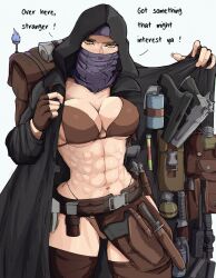 1girl abs backpack bag bandana bandana_over_mouth belt bikini canteen coat coat_stash english_text explosive gloves grenade gun handgun highres holding hood knife long_sleeves looking_at_viewer merchant_(resident_evil) pouch resident_evil resident_evil_4 solo swimsuit thighhighs toned trench_coat weapon yellow_eyes yoracrab