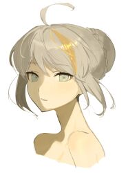1girl ahoge braid cropped_shoulders eyelashes fate_(series) gray_(fate) grey_eyes grey_hair hair_bun highres looking_at_viewer multicolored_hair parted_lips short_hair sidelighting simple_background solo spoilers streaked_hair tokoni_fusu white_background