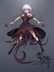 1girl armpits bare_arms bare_shoulders black_dress black_socks blue_eyes blue_hair chinese_text circle_skirt closed_mouth cross dot_nose dress eyelashes floating floating_clothes full_body grey_background hair_between_eyes hashtag-only_commentary highres honkai_(series) honkai_impact_3rd kneehighs knees liza23rd long_hair looking_at_viewer low_ponytail ponytail short_dress sleeveless sleeveless_dress smile socks solo tentacles theresa_apocalypse turtleneck turtleneck_dress