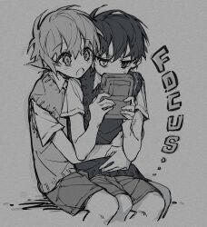 2boys absurdres basil_(faraway)_(omori) basil_(omori) collared_shirt game_boy greyscale handheld_game_console highres holding holding_handheld_game_console hug kyannu monochrome multiple_boys omori open_mouth shirt short_hair short_sleeves shorts sitting spoilers sunny_(omori) sweater_vest