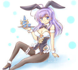 1girl akihara_ryou ashley_arvasti blue_eyes breasts cleavage hair_ornament iris_mysteria! leotard long_hair medium_breasts playboy_bunny purple_hair rabbit_hair_ornament