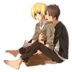 2boys armin_arlert barefoot blonde_hair blue_eyes blush book brown_hair eren_yeager full_body hug hug_from_behind komiya_harumoto male_focus multiple_boys shingeki_no_kyojin shirt short_hair simple_background white_background