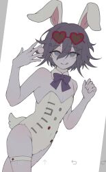 Rule 34 | 1boy, animal ears, bare shoulders, bow, bowtie, commentary, danganronpa (series), danganronpa v3: killing harmony, detached collar, eyewear on head, flipped hair, grey background, hair between eyes, hands up, heart, heart-shaped eyewear, highres, leotard, licking lips, looking at viewer, male focus, muted color, oma kokichi, pectoral cleavage, pectorals, playboy bunny, purple bow, purple bowtie, purple eyes, purple hair, rabbit boy, rabbit ears, rabbit tail, short hair, simaenaga v3, simple background, smile, solo, sunglasses, tail, thigh strap, tongue, tongue out, trap, unfinished, upper body, white background, white leotard
