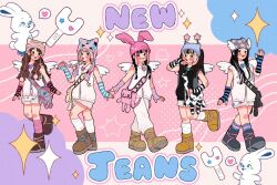 5girls animal_ears artist_logo artist_name bag black_eyes black_hair blush boots brown_hair cartoonized cheumi commentary danielle_(newjeans) english_commentary fingerless_gloves full_body gloves group_name haerin_(newjeans) hanni_(newjeans) hat hat_ornament heart hyein_(newjeans) jewelry k-pop lightstick logo long_hair looking_at_viewer minji_(newjeans) multicolored_hair multiple_girls necklace newjeans pants pink_hair rabbit_ears real_life short_hair shorts skirt sleeveless smile socks sparkle standing toon_(style) twintails wings