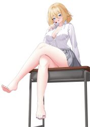 1girl barefoot blonde_hair blue_eyes blue_hair bra bra_peek breasts candy cleavage collarbone collared_shirt colored_inner_hair crossed_legs desk food grey_skirt hair_between_eyes highres holding holding_candy holding_food holding_lollipop kaneko_lumi lollipop multicolored_hair nail_polish on_desk panties pantyshot partially_unbuttoned phase_connect purple_nails saliva saliva_trail shirt sitting skirt solo toenail_polish toenails toes tongue tongue_out twitter_username underwear virtual_youtuber white_background white_shirt wriskelis