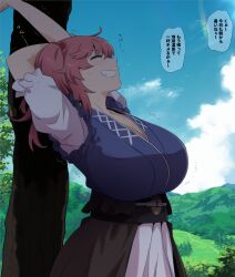 1girl brown_sash closed_eyes coin coin_on_string commentary_request hair_bobbles hair_ornament highres mountainous_horizon obi onozuka_komachi outdoors red_hair sash short_hair shundou_heishirou solo touhou translation_request tree two_side_up