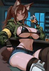 1girl absurdres animal_ear_fluff animal_ears belt bikini black_belt black_bikini black_choker black_gloves black_thighhighs breasts breasts_out brown_eyes brown_hair callisto_(greyeth) camouflage camouflage_jacket choker closed_mouth commentary covered_erect_nipples cropped_jacket crossed_legs cup denim denim_shorts drinking_glass fingerless_gloves gloves green_shrug hair_between_eyes highleg highleg_bikini highres holding holding_cup hood hood_down indoors jacket large_breasts light_blush linea_alba long_hair looking_at_viewer multicolored_hair navel navel_piercing original panty_straps piercing ponytail second-party_source short_shorts shorts sitting skindentation smile solo stomach streaked_hair swimsuit tail thighhighs thighs window wolf_ears wolf_girl wolf_tail yan_kodiac