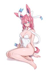 1girl animal_ears barefoot blue_eyes feet gen_6_pokemon highres humanization leotard long_hair looking_at_viewer nihu nintendo pink_hair pokemon smile soles sylveon toes