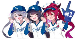 3girls :d artist_name baseball_cap blue_sleeves blue_visor blush cheering chocojax closed_eyes commentary cropped_torso demon_horns double-parted_bangs double_halo english_commentary foam_finger halo hat highres hololive hololive_english horns layered_sleeves long_hair long_sleeves los_angeles_dodgers multiple_girls official_alternate_costume open_mouth parted_bangs pink_hair purple_hair shirt short_hair short_over_long_sleeves short_sleeves shouting_with_hands smile swept_bangs teeth twintails upper_teeth_only virtual_youtuber white_background white_shirt