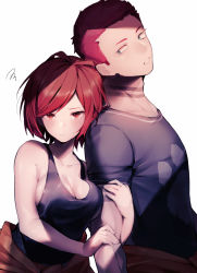 1boy 1girl arm_hug bad_id bad_pixiv_id bakaouzi999 black_shirt blush breasts cleavage en&#039;en_no_shouboutai green_eyes highres large_breasts lisa_isaribi looking_at_viewer medium_hair neck_tattoo red_eyes red_hair shirt t-shirt tank_top tattoo varukannjozefu vulcan_joseph