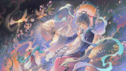 1boy 2girls bird black_hair black_sandals blue_hanfu bow bow-shaped_hair cangchen cherry_blossoms chinese_clothes chinese_commentary closed_mouth commentary_request double_bun expressionless eyelashes faceless faceless_female faceless_male feet_out_of_frame floating_hair floral_print flower flying folding_fan frilled_hanfu full_moon fur_fan green_eyes green_shirt grey_hair hagoromo hair_bow hair_bun hair_ornament hair_rings hand_fan hanfu highres holding holding_fan light_frown long_hair long_skirt long_sleeves looking_at_viewer low_twintails luo_tianyi moon multiple_girls ocean outdoors outstretched_hand pants pink_flower pink_skirt pointy_nose red_bow red_hanfu sandals shawl shirt short_hair skirt smoke solo_focus tassel tassel_hair_ornament topknot twilight twintails very_long_hair vocaloid vsinger_(vocaloid) white_pants wide_sleeves