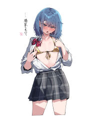 1girl :o absurdres anger_vein bikini bikini_under_clothes black_skirt blue_hair blush bow bowtie breasts commentary_request cropped_legs front-tie_bikini_top front-tie_top gold_bikini halterneck highres konno_you_(warabi_mochi_(w4rabimochi)) looking_at_viewer mole mole_on_breast nose_blush open_clothes open_shirt original plaid_clothes plaid_skirt pleated_skirt red_bow red_bowtie school_uniform shirt shirt_tucked_in short_hair simple_background skirt small_breasts solo sweat swimsuit thighs translation_request undone_bowtie warabi_mochi_(w4rabimochi) white_background white_shirt