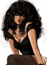1girl breasts cleavage collarbone curly_hair dark-skinned_female dark_skin eyelashes highres lips long_hair momimomimomooon original shirt solo white_background