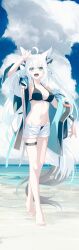 Rule 34 | 1girl, absurdres, ahoge, animal ear fluff, animal ears, arm up, barefoot, beach, bikini, bikini under shorts, black bikini, braid, breasts, earrings, extra ears, feet, fox ears, fox girl, fox tail, green eyes, hair between eyes, heel up, highres, hololive, jacket, jewelry, legs, long hair, looking at viewer, medium breasts, nagishiro mito, ocean, open clothes, open jacket, open mouth, outdoors, pentagram, shirakami fubuki, short shorts, shorts, sidelocks, single braid, solo, swimsuit, tail, thigh strap, toenails, toes, twintails, virtual youtuber, white hair, white jacket, white shorts