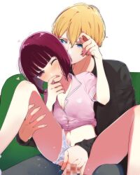 Rule 34 | 1boy, 1girl, aquakana love, arima kana, black shirt, blonde hair, blue eyes, breasts, censored, cleavage, clothing aside, collarbone, couple, dress shirt, fingerless gloves, girl on top, gloves, grey pants, hair between eyes, hetero, highres, hoshino aquamarine, midriff, mosaic censoring, navel, one eye closed, oshi no ko, panties, panties aside, pants, penis, pink shirt, pussy juice, red eyes, red hair, sex, shirt, short hair, short sleeves, small breasts, star-shaped pupils, star (symbol), stomach, symbol-shaped pupils, underwear, vaginal, white background